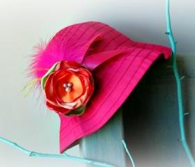 Toddler Sun Hat, Bucket Hat, in Pink with Removable Handmade Flower